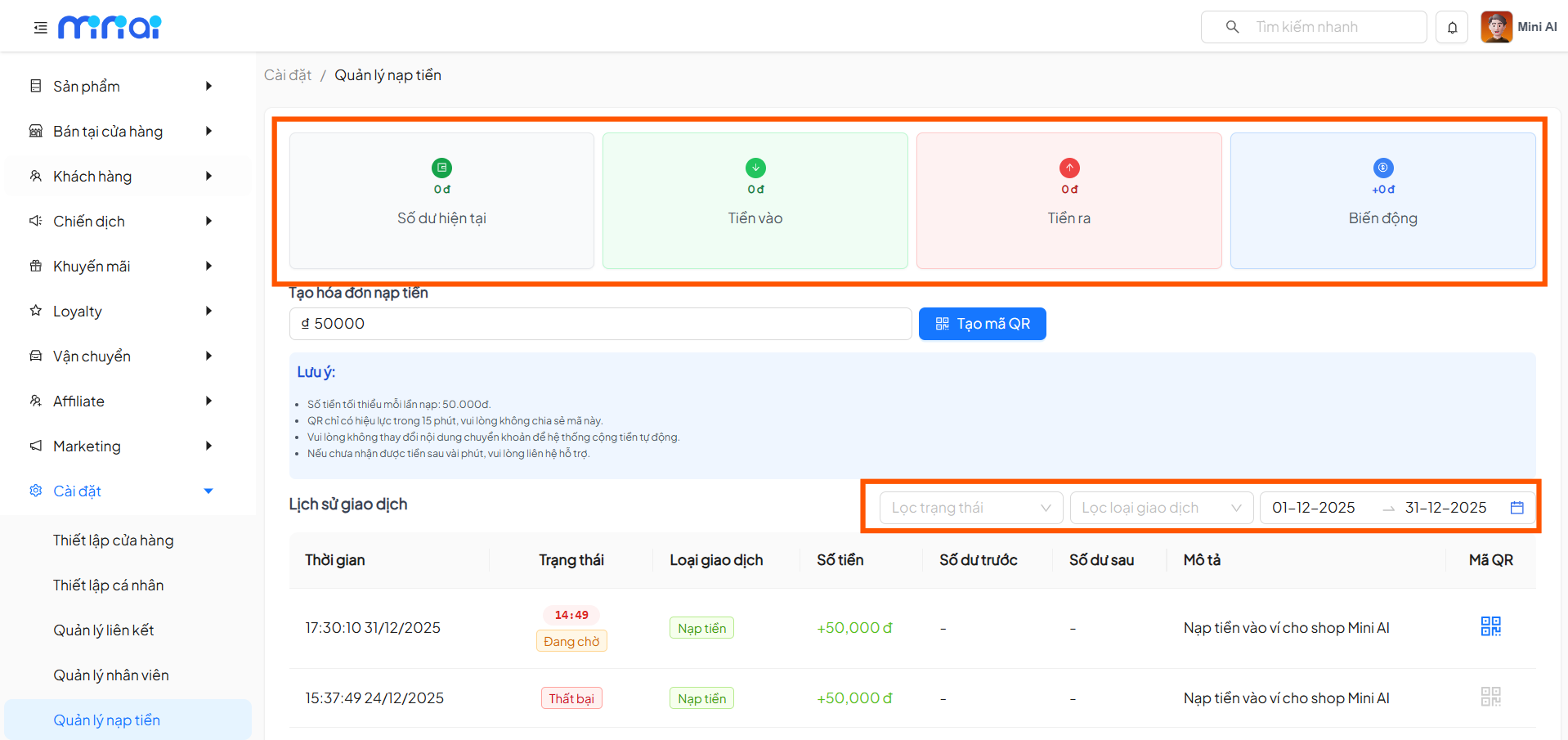 Tổng quan số dư ví quỹ