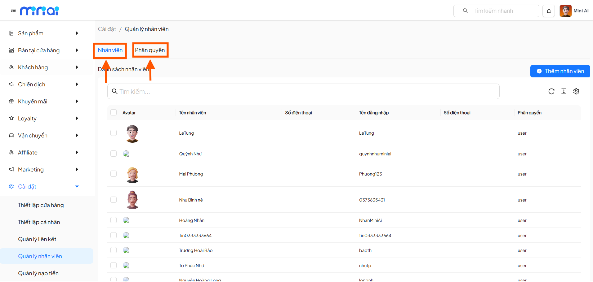 Truy cập tính năng Quản lý nhân viên