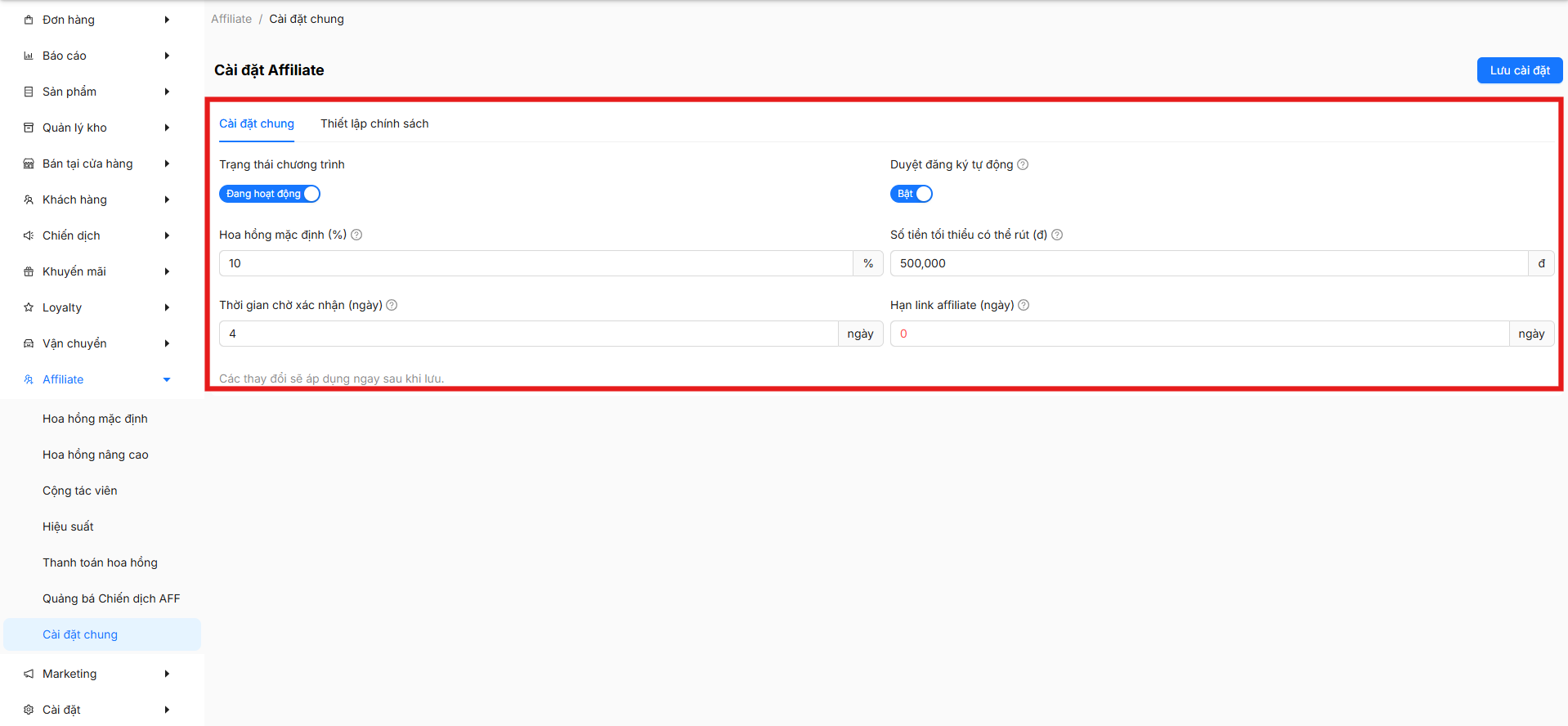 Các trường trong tab Cài đặt chung Affiliate