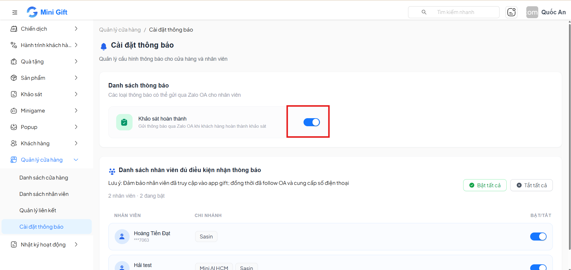 Nút bật/tắt cho từng loại thông báo