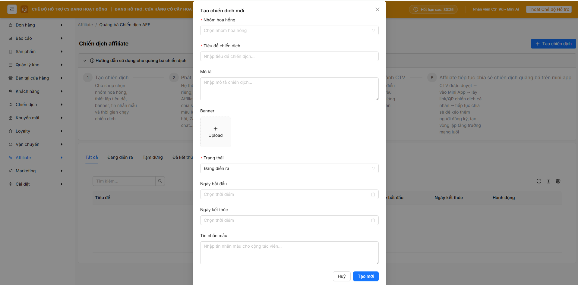 Form tạo chiến dịch Affiliate mới