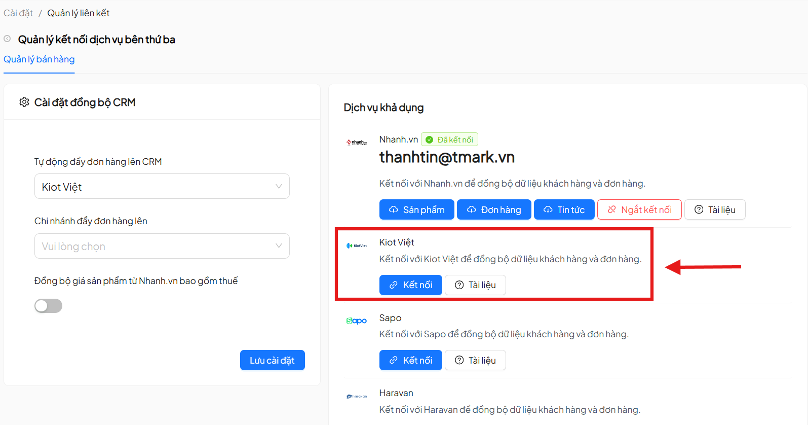 Chọn dịch vụ khả dụng KiotViet