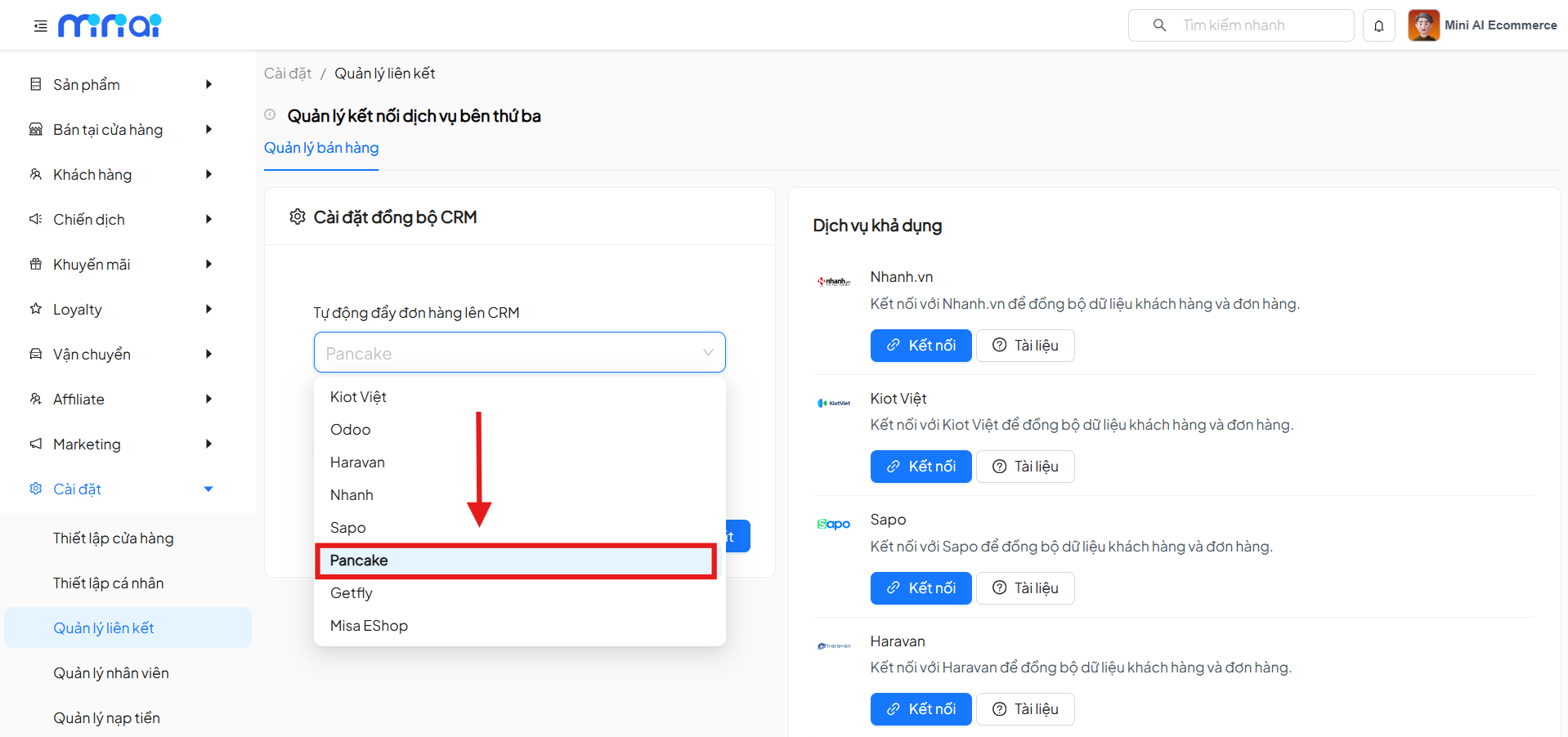 Chọn kênh liên kết Pancake POS