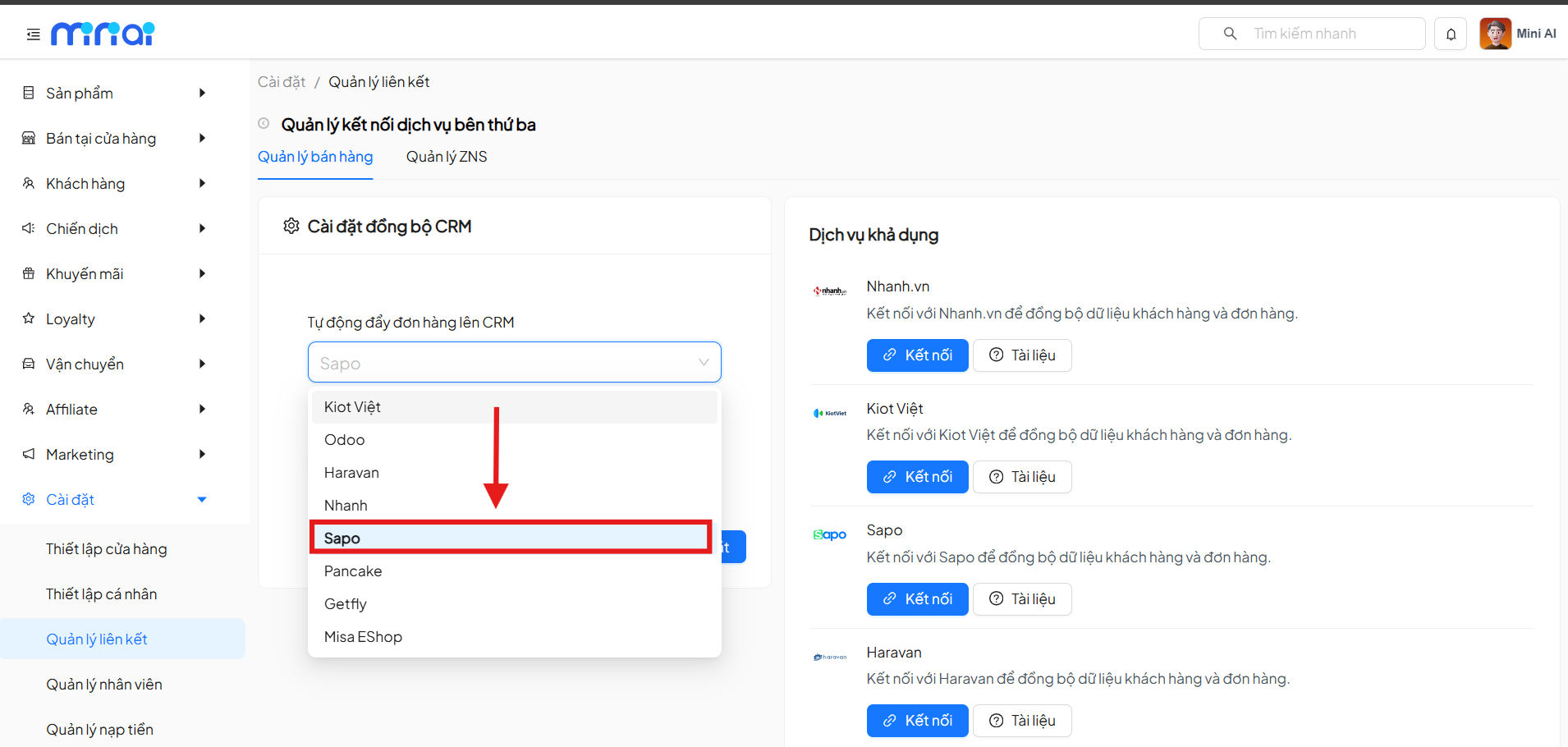 Chọn kênh liên kết Sapo