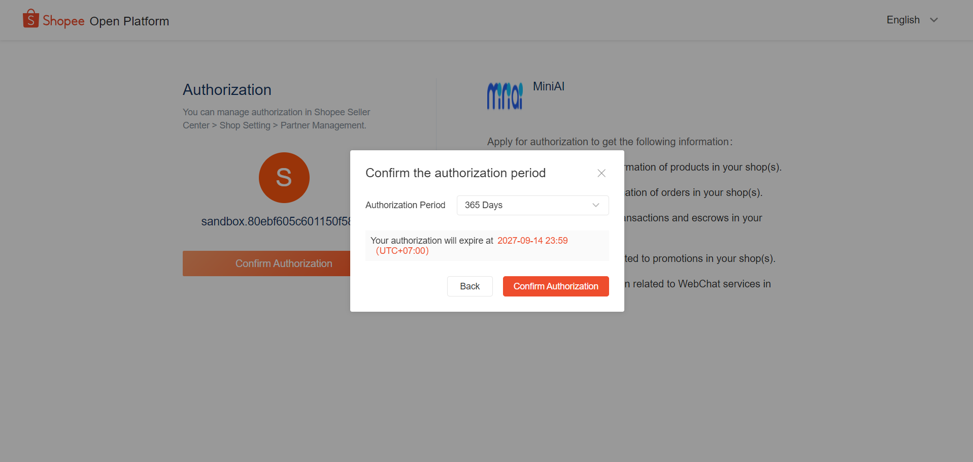 Hộp thoại Confirm the authorization period của Shopee với ô Authorization Period và ngày hết hạn