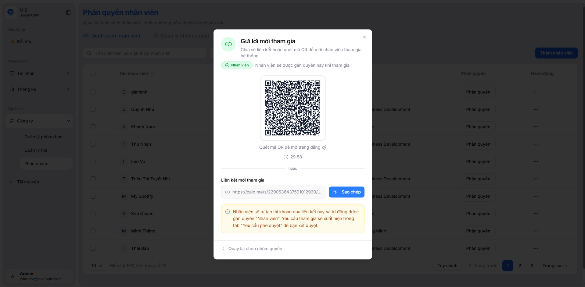 Mã QR và liên kết mời nhân viên tham gia hệ thống