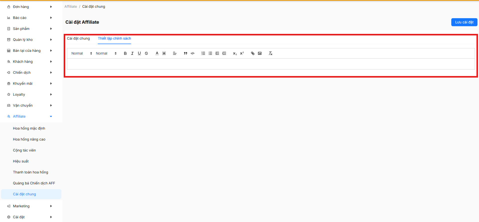 Tab Thiết lập chính sách Affiliate