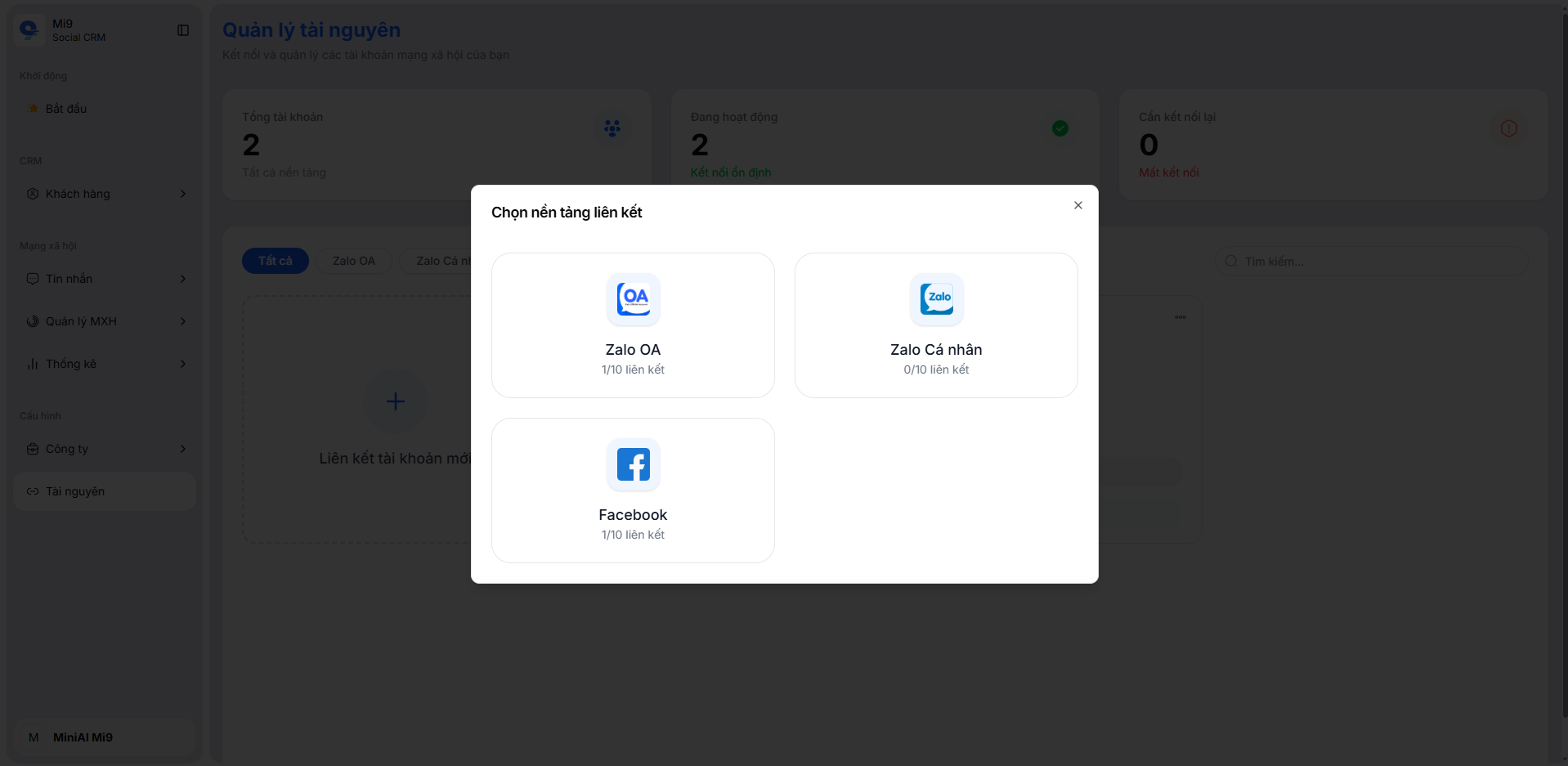 Select platform to link: Zalo OA, personal Zalo, or Facebook
