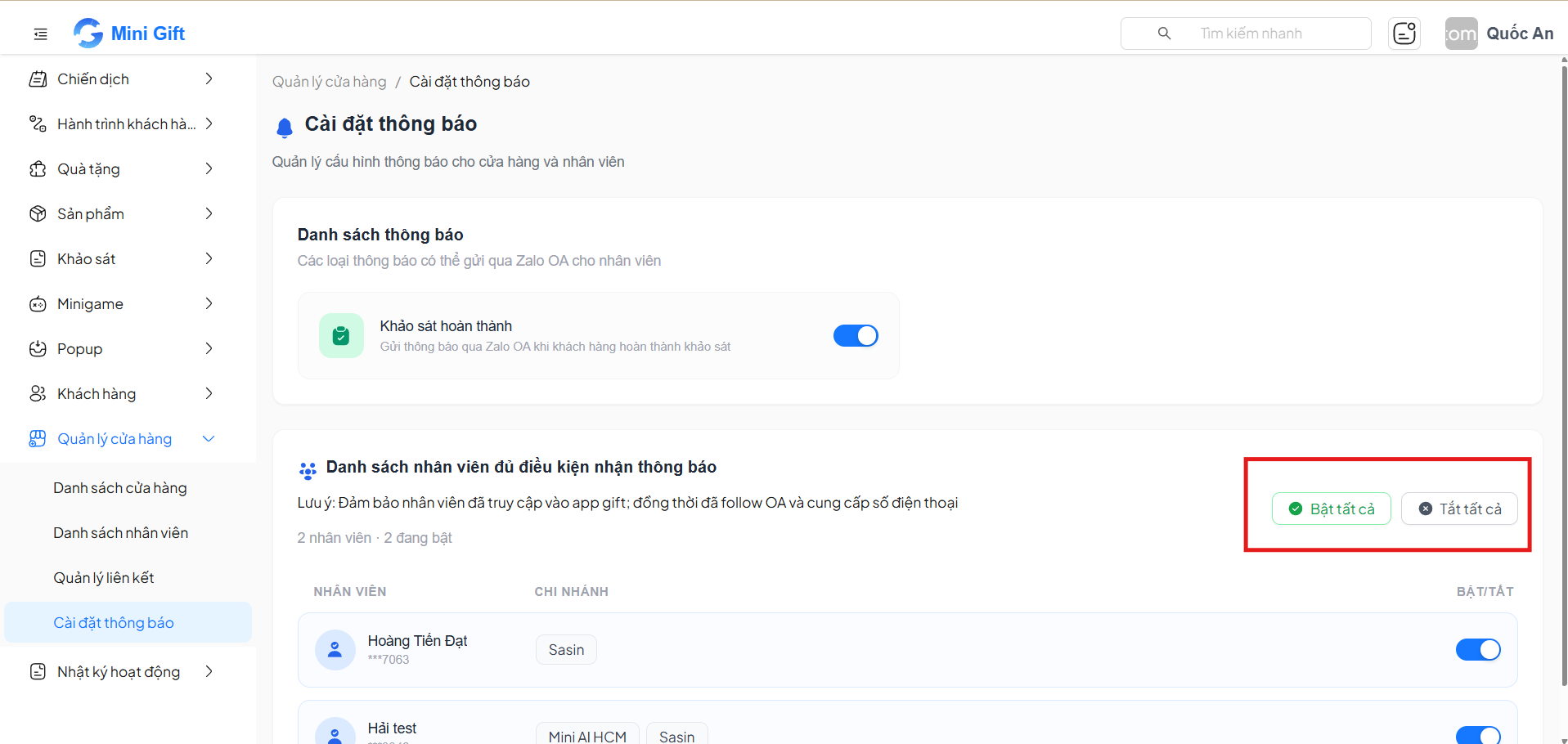 Nút bật/tắt thông báo cho tất cả nhân viên
