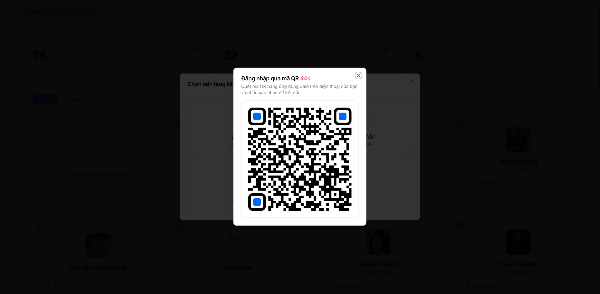 Scan QR code to connect personal Zalo