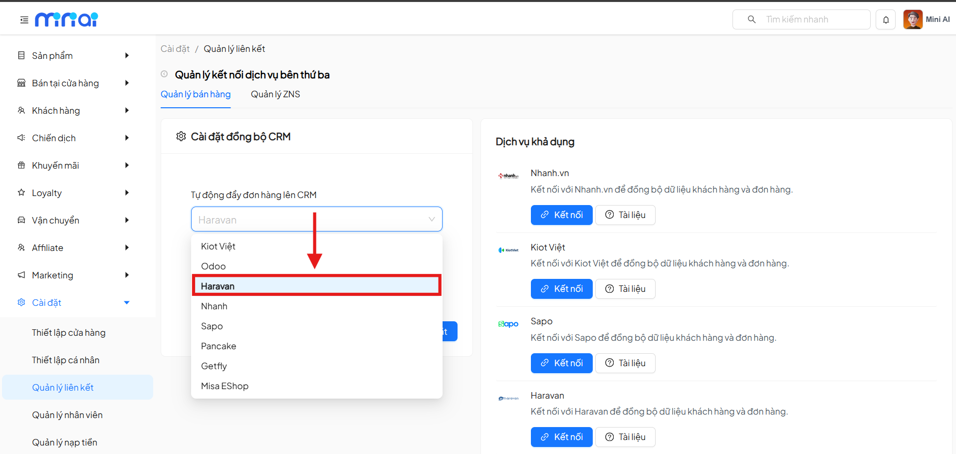 Select Haravan Integration Channel