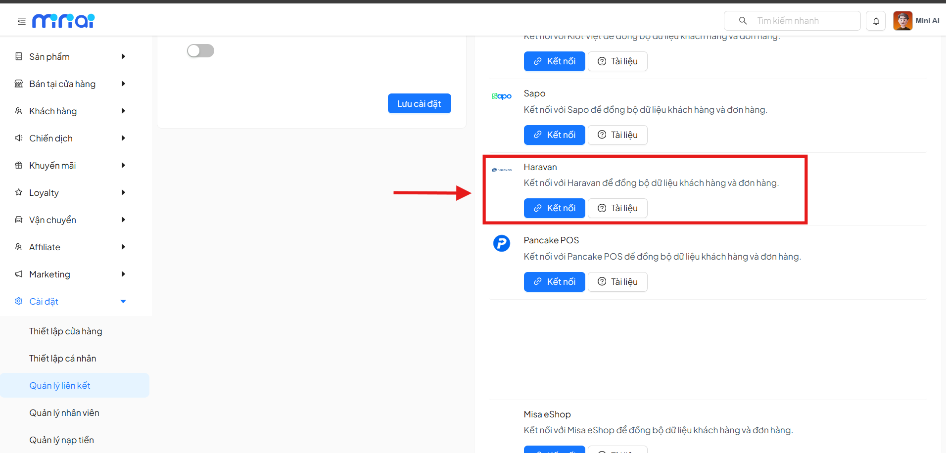 Select Haravan Integration Channel