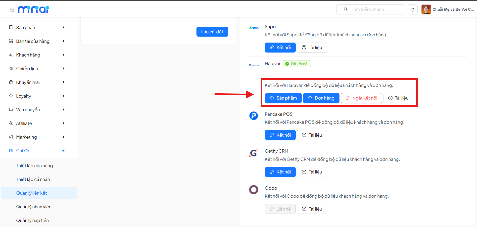 Select Haravan Integration Channel