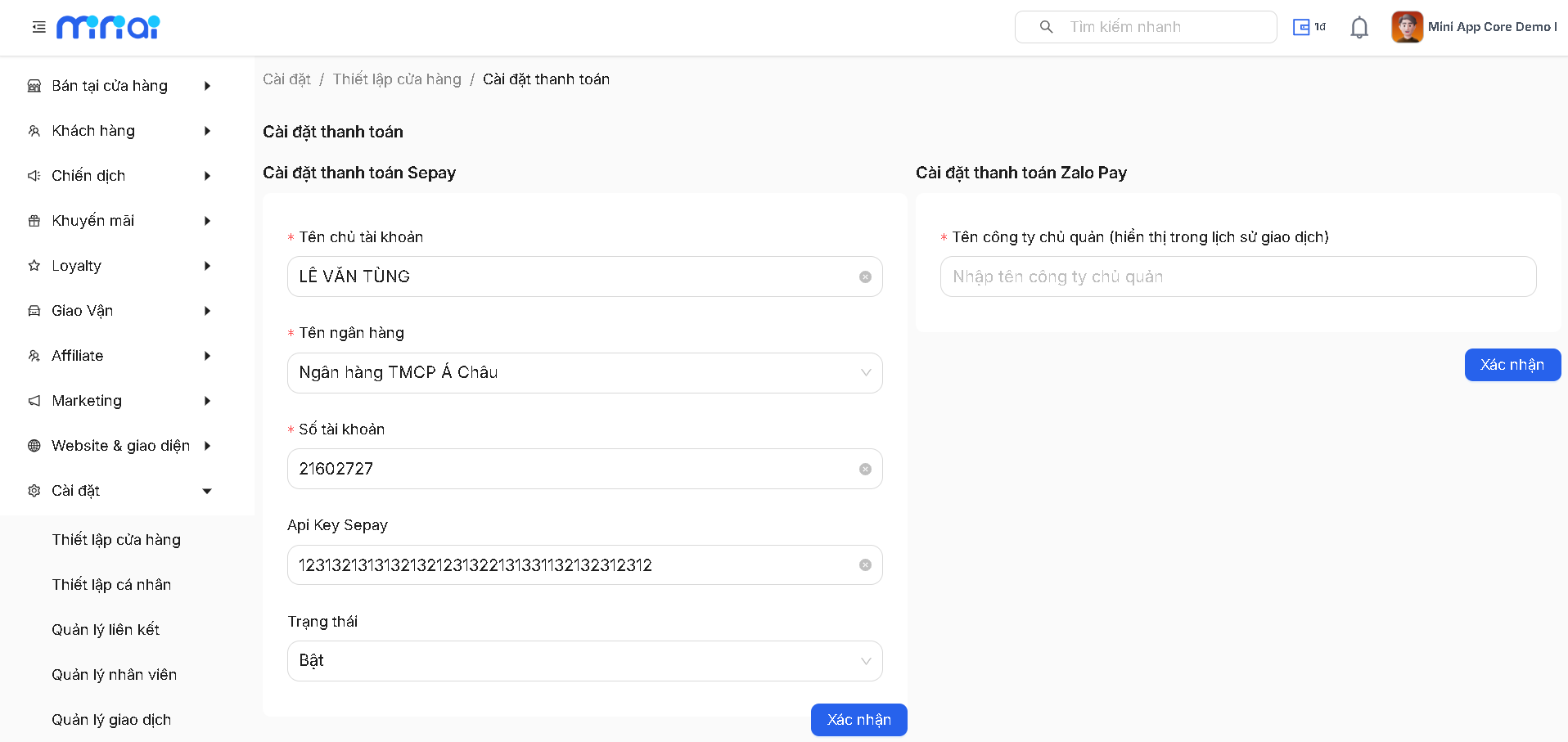 Màn hình Cài đặt thanh toán trên Portal MiniAI hiển thị Api Key Sepay và trạng thái Bật